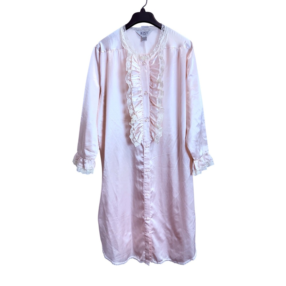 Vintage Jilandre Pink Satin Lace Nightgown Button Front Ruffle Sleep Shirt Med